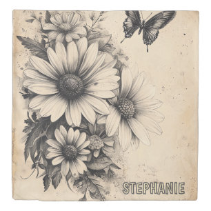 Vintage Sepia Daisy Butterfly Botanical Duvet Cover