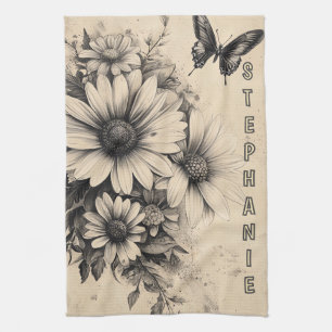 Vintage Sepia Daisy Butterfly Botanical Kitchen Towel