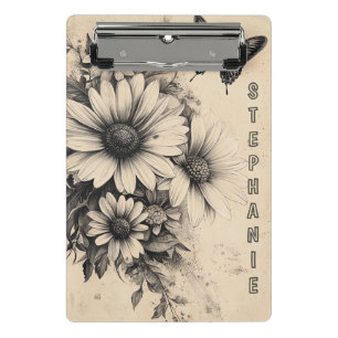 Vintage Sepia Daisy Butterfly Botanical Mini Clipboard