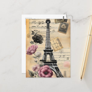 Vintage Sepia Eiffel Tower & Pink Flowers Postcard