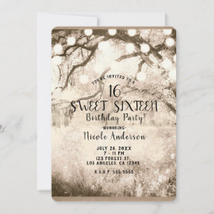 Vintage Sepia Enchanted Forest Lights Sweet 16 Invitation