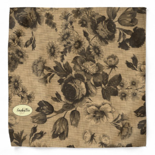 Vintage Sepia Floral, Antique, Monogram Bandana