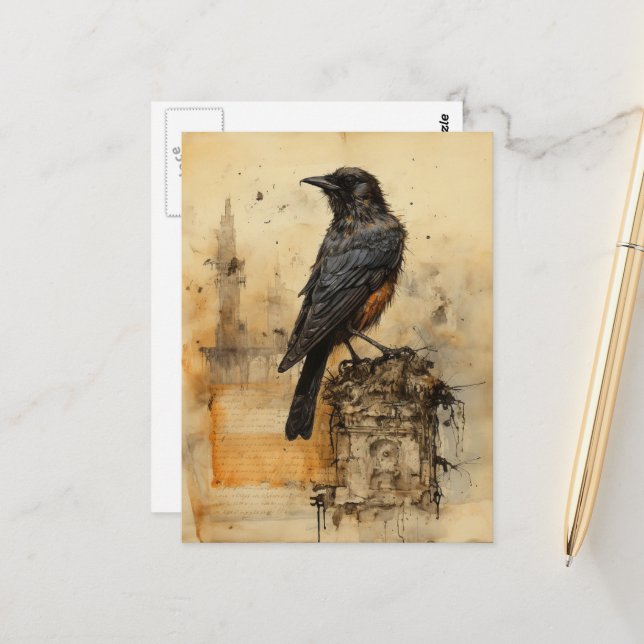 Vintage Sepia Gothic Raven Postcard (Front/Back In Situ)