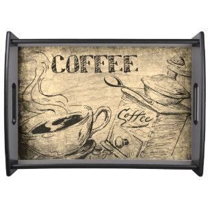 Vintage Sepia Hand Drawn Coffee Theme Serving Tray