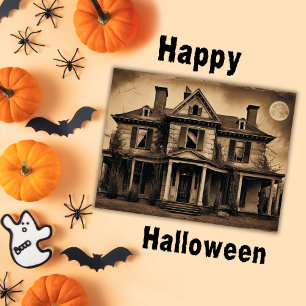 Vintage Sepia Haunted House with Full Moon Postcard
