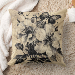 Vintage Sepia Hibiscus Butterfly Bouquet Throw Pillow