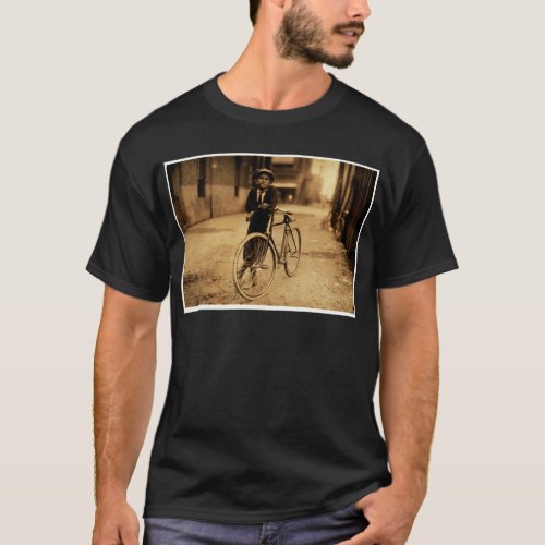 Vintage Sepia Kid Smoking Pipe Leaning on Bicycle T_Shirt