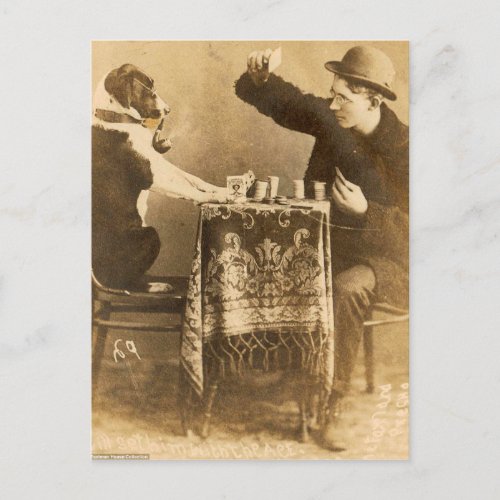 Vintage Sepia Man Playing Cards Dog Smoking Pipe