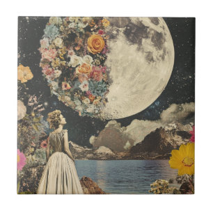 Vintage Sepia Moon Floral Garden Surrealism Ceramic Tile