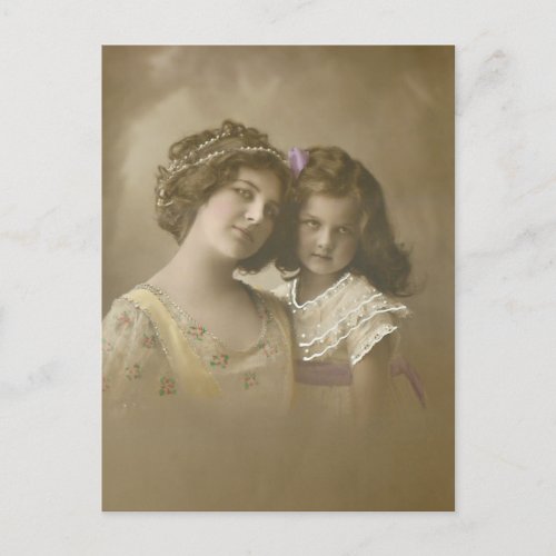 Vintage Sepia Mother and Daughter Portrait Holiday Postcard