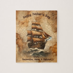Vintage Sepia Nautical Map and Sailing Ship Jigsaw Puzzle