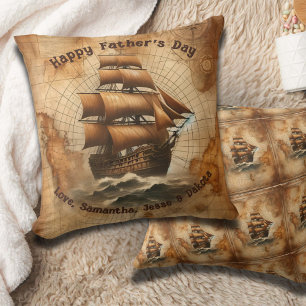 Vintage Sepia Nautical Map and Sailing Ship Throw Pillow