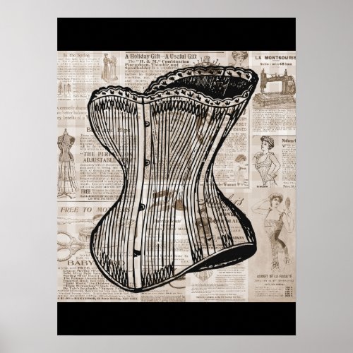 Vintage Sepia Newsprint Corset 2 Poster