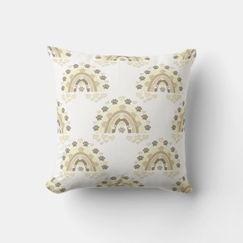 Vintage Sepia Rainbow Dog Paw And Hearts Throw Pillow