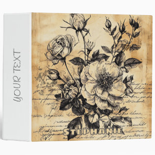 Vintage Sepia Rose Botanical Sketch Floral Script 3 Ring Binder