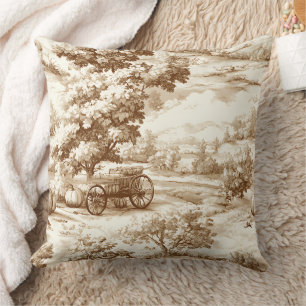 Vintage Sepia Thanksgiving Pumpkin Toile Pattern Throw Pillow