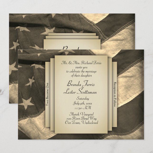 Vintage Sepia USA Flag Wedding Invitation (Front/Back)