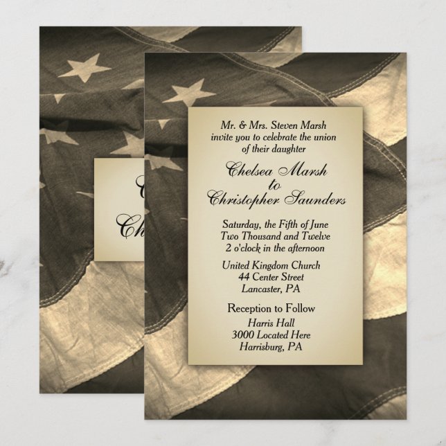 Vintage Sepia USA Flag Wedding Invitation (Front/Back)