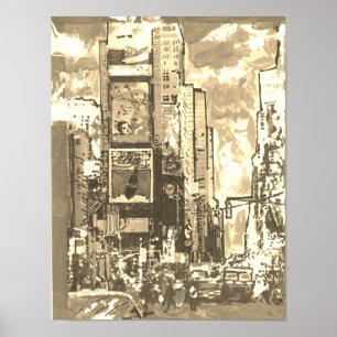 Vintage Sepia Watercolor Times Square NYC Poster
