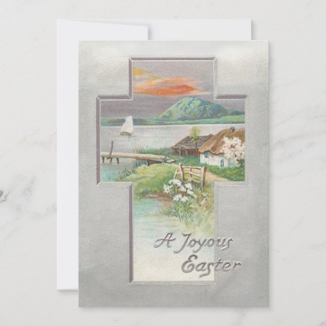 Vintage Serene Easter Landscape Cross Holiday Card (Front)