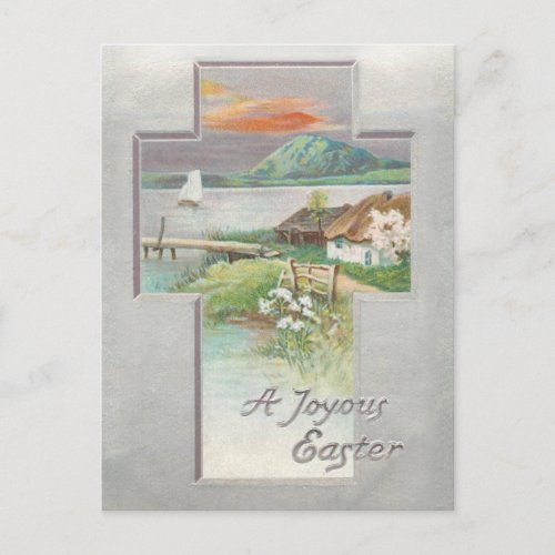 Vintage Serene Easter Landscape Cross Holiday Postcard