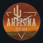 Vintage Series Arizona Large Round Wall Clock<br><div class="desc">Original Vintage republic design. Retro Arizona sunset poster with cactus icon and a uncoverd wagon from our Arizona Collection</div>