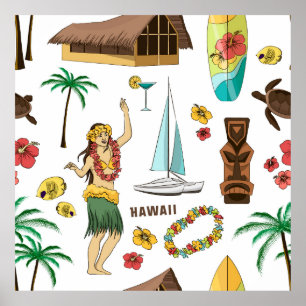 Vintage set pattern of Hawaiian icons and symbols Poster