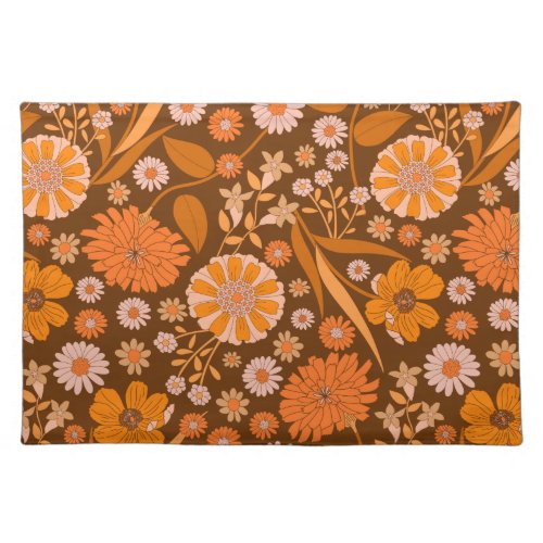 Vintage Seventies Flower Power Pattern Brown Cloth Placemat