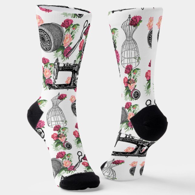 Vintage Sewing and Roses Socks (Angled)