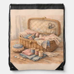 Vintage Sewing Basket Cottagecore Pastel Drawstring Bag