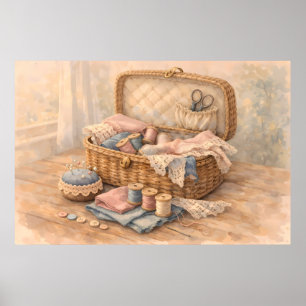Vintage Sewing Basket Cottagecore Pastel Poster