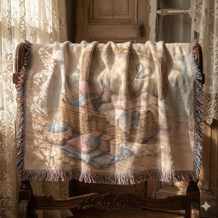 Vintage Sewing Basket Cottagecore Pastel Throw Blanket