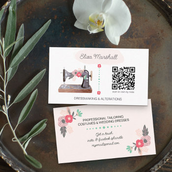 Vintage Sewing Machine And Qr Code Boho Floral Business Card by darlingandmay at Zazzle