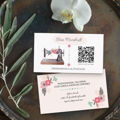 Vintage Sewing Machine and QR Code Boho Floral Business Card