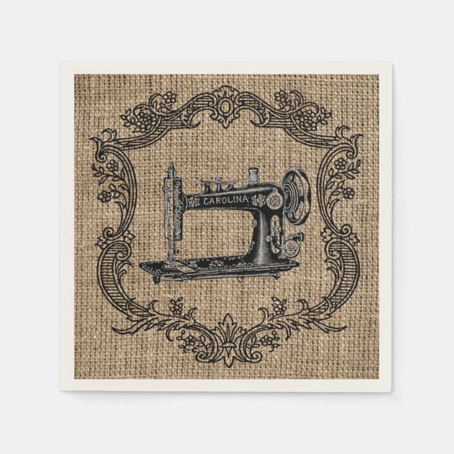 Vintage Sewing Machine Burlap Napkins (Front)