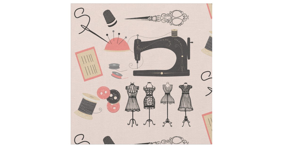 Vintage Sewing Machine Crafty Sew Theme Design Fabric Zazzle