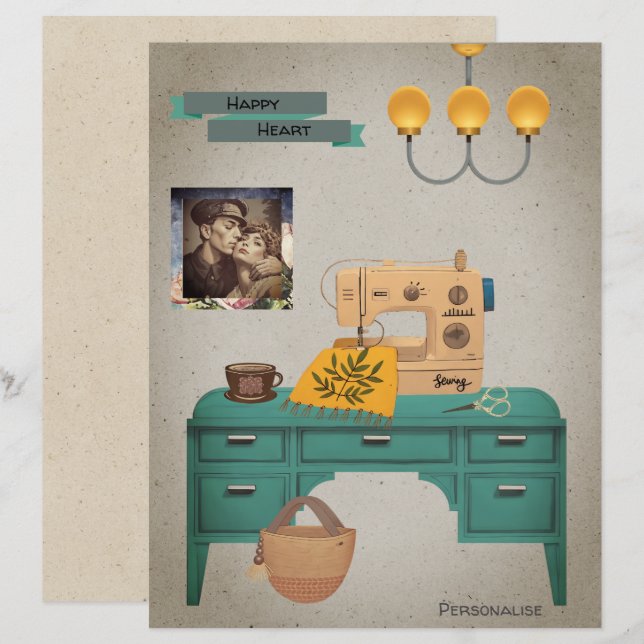 Vintage Sewing Machine Desk Photo ScrapbookPaper (Front/Back)
