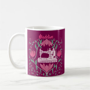 Vintage Sewing Machine & Floral Fuchsia Design Coffee Mug