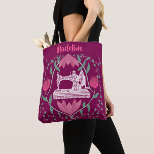 Vintage Sewing Machine & Floral Fuchsia Tote Bag