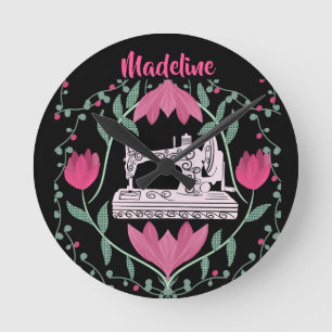 Vintage Sewing Machine:Floral Pattern Personalized Round Clock