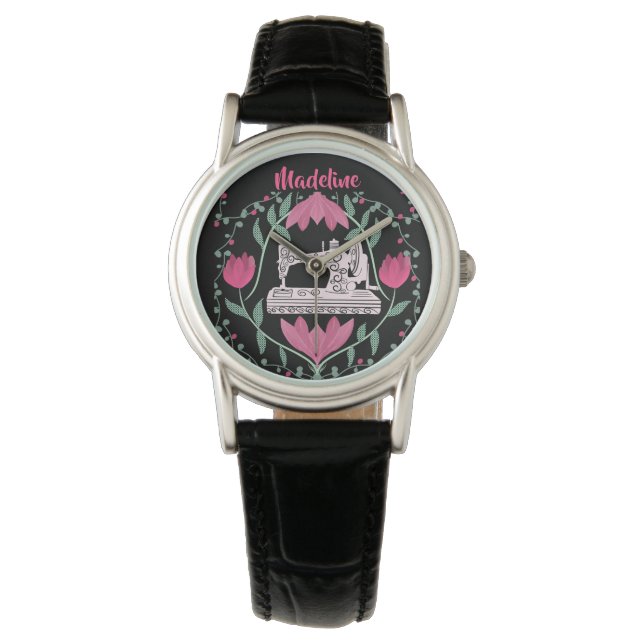 Vintage Sewing Machine:Floral Pattern Personalized Watch (Front)