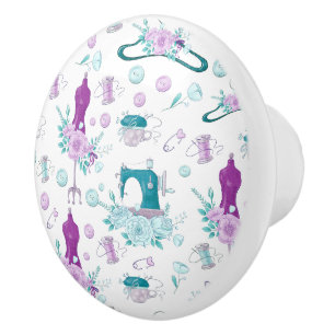 Vintage Sewing Machine Mannequin Blue Purple Ceramic Knob