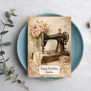 Vintage Sewing Machine Roses Card