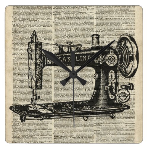 Vintage Sewing Machine Stencil Over Old Book Page Square Wallclocks