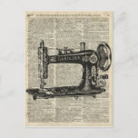 Vintage Sewing Machine Stencil Over Old Book Page Postcard