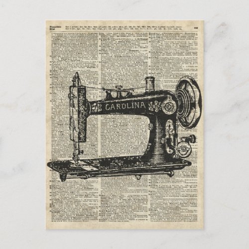 Vintage Sewing Machine Stencil Over Old Book Page Postcard