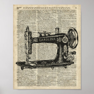 Vintage Sewing Machine Stencil Over Old Book Page Poster