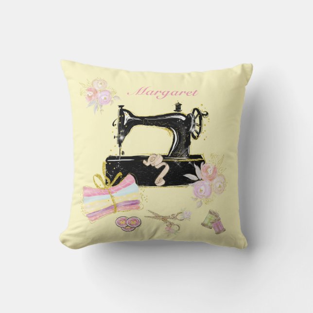 Vintage Sewing Machine Throw Pillow (Front)