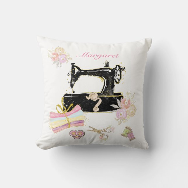 Vintage Sewing Machine Throw Pillow (Front)