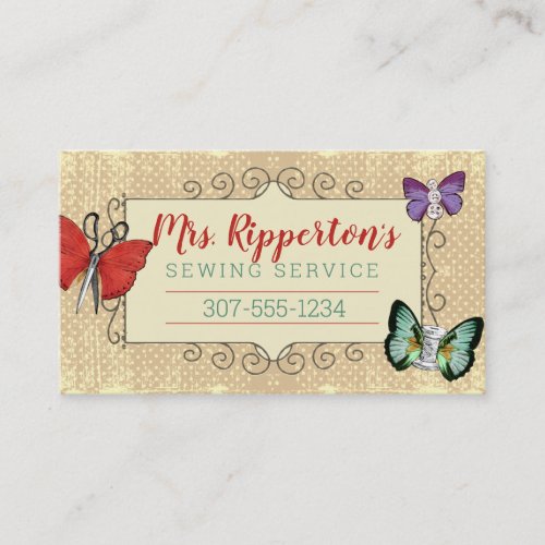 Vintage sewing notions butterflies seamstress business card